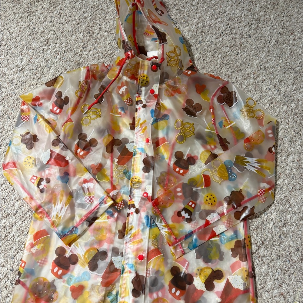 Disney parks mickey mouse snack treats pattern clear zip-up rain jacket sz small